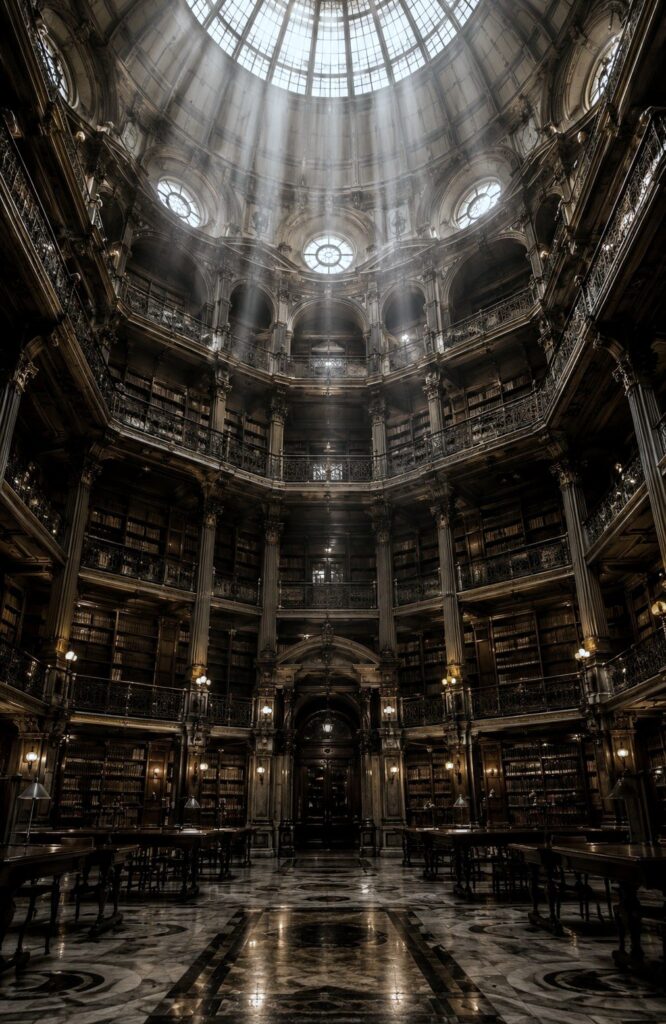 The interior of a historic domed library reading room seen from floor level
