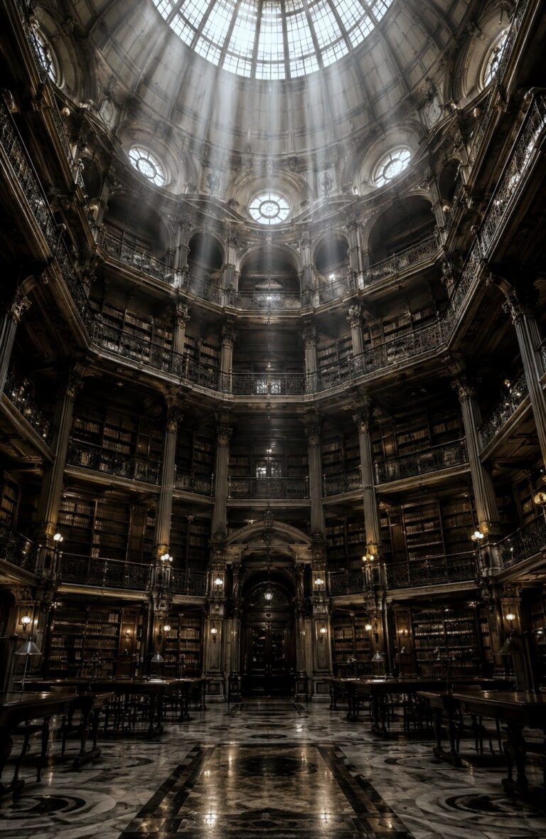 The interior of a historic domed library reading room seen from floor level