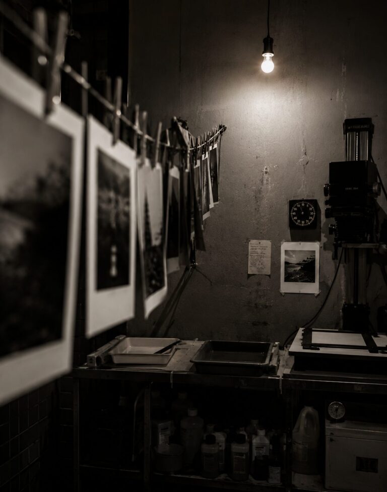 A darkroom interior with prints hanging on a drying line under a single bulb